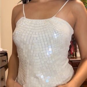 Bebe White Sequin Camisole Top